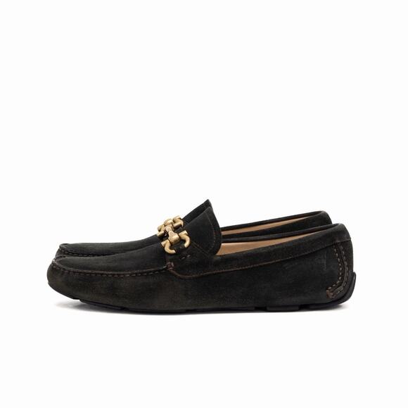 950$ Salvatore Ferragamo Gancini Bit Brown Suede Driving Loafers Moc US 9 D